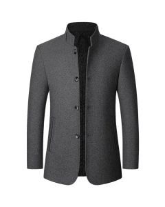 Mens Winter Wool Coat Stand Collar Business Jacket (Gray)