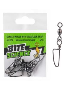 5 Pack of Size 1/0 Bite Science Black Crane Swivels with Coastlock Snaps - 132lb