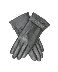 Dents Women's Leather Gloves with Herringbone Strap Stud & 3-Point Stitch - Black