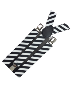 Mens Black/White Stripe Slim Suspenders - Strong Adjustable Clip On Braces for Weddings/Formals