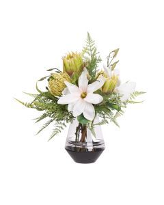 50cm Magnolia & Protea Artificial Arrangement in Glass Vase (Faux Floral Decor)