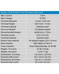Victron Busbar 150A 2P/Terminals with 20 Screws & Cover